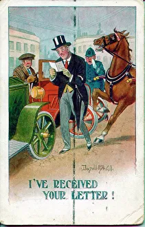 Received Prints: Comic postcard, Man reading letter crossing the road. Date: early 20th century