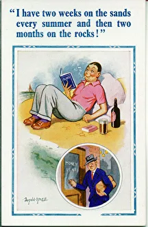 Comic postcard, Man relaxing on the beach