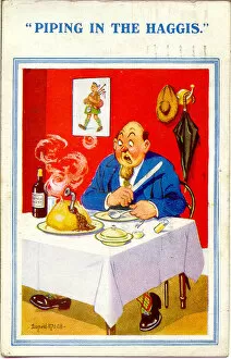 Comic postcard, Man in a restaurant with haggis Date: 20th century