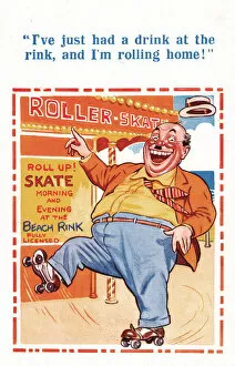 Skates Gallery: Comic postcard, Man rolling home