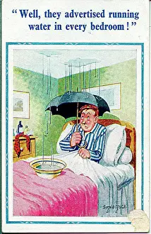 Comic postcard, Man in room with running water Date: 20th century