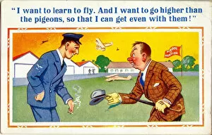 Comic postcard, Man at a school of aviation