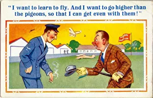 Amused Prints: Comic postcard, Man at a school of aviation