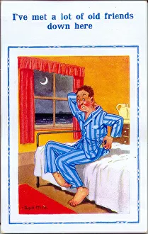 Uncomfortable Prints: Comic postcard, Man scratching himself on his bed