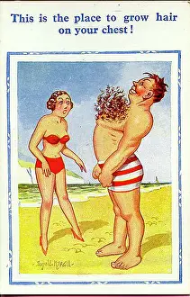 Torso Prints: Comic postcard, Man at seaside with hairy chest Date: 20th century