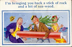 Bump Prints: Comic postcard, Man at the seaside with a large stick of rock and some seaweed Date