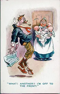 Nanny Prints: Comic postcard, Man sees nurse with triplets - What! Another!! I'm off to the Front! Date: 1914-1918