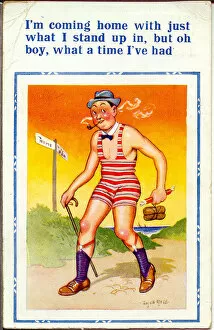 Bowtie Gallery: Comic postcard, Man sets off home from the seaside Date: 20th century