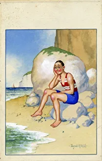 Comic postcard, Man sitting alone on the beach, looking sad Date: 20th century Comic postcard, Man sitting alone on the beach, looking sad Date: 20th century