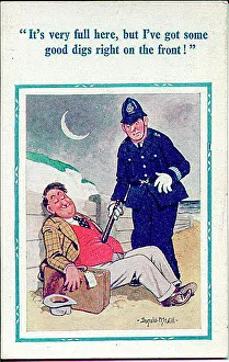 Truncheon Prints: Comic postcard, Man sleeping on the beach at night