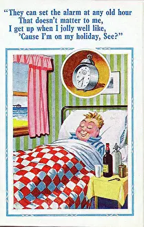 Comic postcard, Man sleeping late on holiday Date: 20th century
