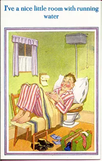 Comic postcard, Man sleeping in toilet at seaside hotel Date: 20th century Comic postcard, Man sleeping in toilet at seaside hotel Date: 20th century