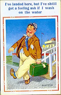 Landed Gallery: Comic postcard, Man stepping off a boat at the seaside Date: 20th century