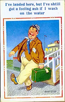 Comic postcard, Man stepping off a boat at the seaside Date: 20th century