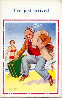 Comic postcard, Man with suitcase on the beach