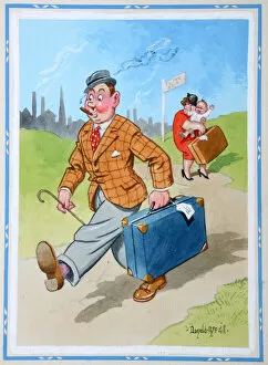 Images Dated 11th August 2014: Comic postcard, Man with suitcase striding off