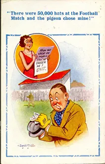 Comic postcard, Man targeted by pigeons at football match Date: 20th century Comic postcard, Man targeted by pigeons at football match Date: 20th century