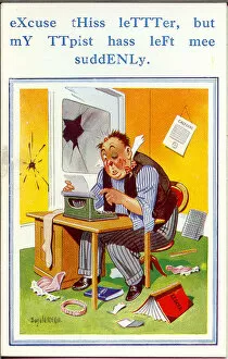 Bowtie Gallery: Comic postcard, Man trying to type a letter