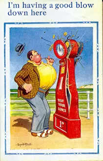 Comic postcard, Man uses lung testing machine at the seaside Date: 20th century