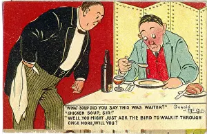 Client Prints: Comic postcard, Man and waiter in restaurant - chicken soup? Date: 20th century
