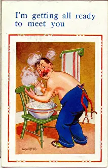 Braces Prints: Comic postcard, Man washing in a bowl Date: 20th century