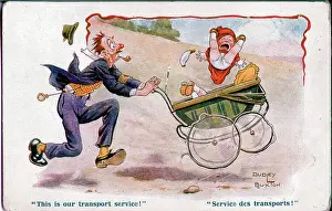 Scheme Prints: Comic postcard, Man wheeling baby in pram - This is our transport service