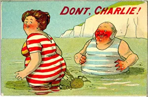 Comic postcard, Man and woman bathing in the sea - and a crab! Date: 20th century Comic postcard, Man and woman bathing in the sea - and a crab! Date: 20th century