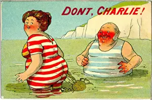 Charlie Prints: Comic postcard, Man and woman bathing in the sea - and a crab! Date: 20th century