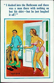 Bathroom Prints: Comic postcard, Man and woman in bathroom Date: 20th century