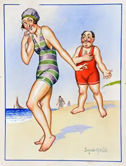 Comic postcard, Man and woman on the beach Date: 20th century