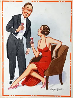 Comic postcard, Man and woman chatting at a party