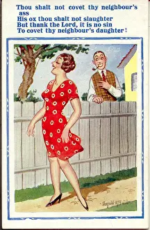 Attraction Prints: Comic postcard, Man and woman, garden fence Date: 20th century