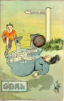 Signpost Prints: Comic postcard, Man and woman playing football - Goal (1 of 2) Date