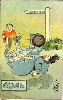Kicking Gallery: Comic postcard, Man and woman playing football - Goal (1 of 2) Date