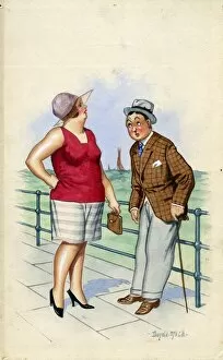 Comic postcard, Man and woman on the promenade