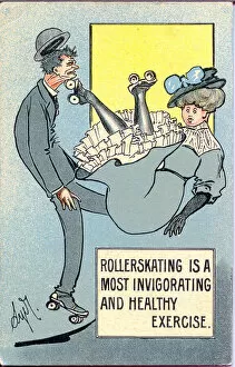 Roller Gallery: Comic postcard, Man and woman rollerskating Date: early 20th century