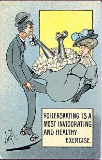 Painful Prints: Comic postcard, Man and woman rollerskating Date: early 20th century