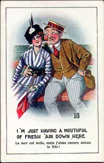 Hugging Prints: Comic postcard, Man and woman at the seaside Date: early 20th century
