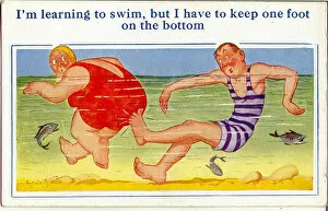 Comic postcard, Man and woman swimming in the sea Date: 20th century