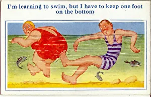 Comic postcard, Man and woman swimming in the sea Date: 20th century Comic postcard, Man and woman swimming in the sea Date: 20th century