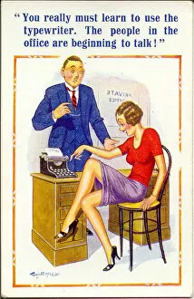 Comic postcard, Man and woman with typewriter