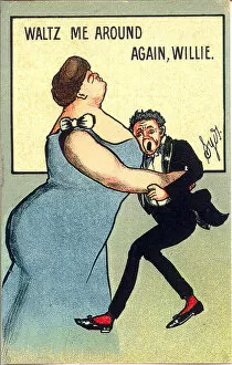 Images Dated 24th March 2021: Comic postcard, Man and woman waltzing Date: early 20th century