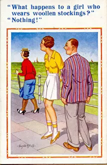 Comic postcard, Man and two women on promenade