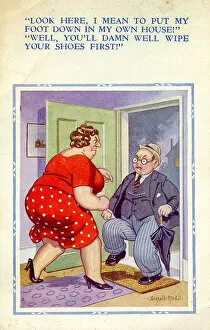 Angry Collection: Comic postcard, Married couple in conflict Date: 20th century