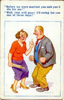 Aggressive Gallery: Comic postcard, Married couple fighting Date: 20th century