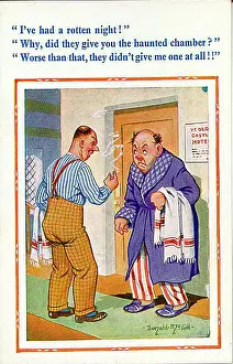 Olde Prints: Comic postcard, Two men chat in hotel corridor Date: 20th century
