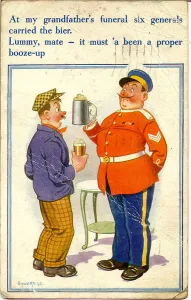 Grandfather Gallery: Comic postcard, Two men chatting at a funeral Date: 20th century