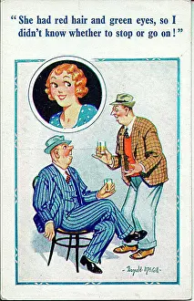 Comic postcard, Two men chatting about a pretty young woman over a glass of beer Date: 20th century