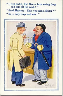 Drunkards Collection: Comic postcard, Two men chatting in a pub - frogs and rats Date: 20th century