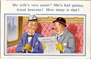 Comic postcard, Men chatting in train compartment